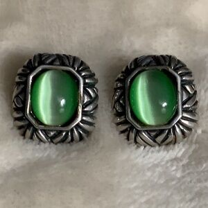 Vintage Incised Sterling Silver Post Earrings with Green Cat’s Eye Cabochons